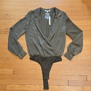 NWT, June & Hudson, Shimmer Blazer-Style Bodysuit, Olive, Women's XS